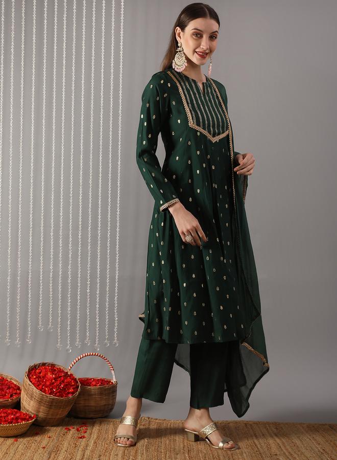 globus Women Green Embroidered A-Line Kurta with Pant and Dupatta Set - Image 1